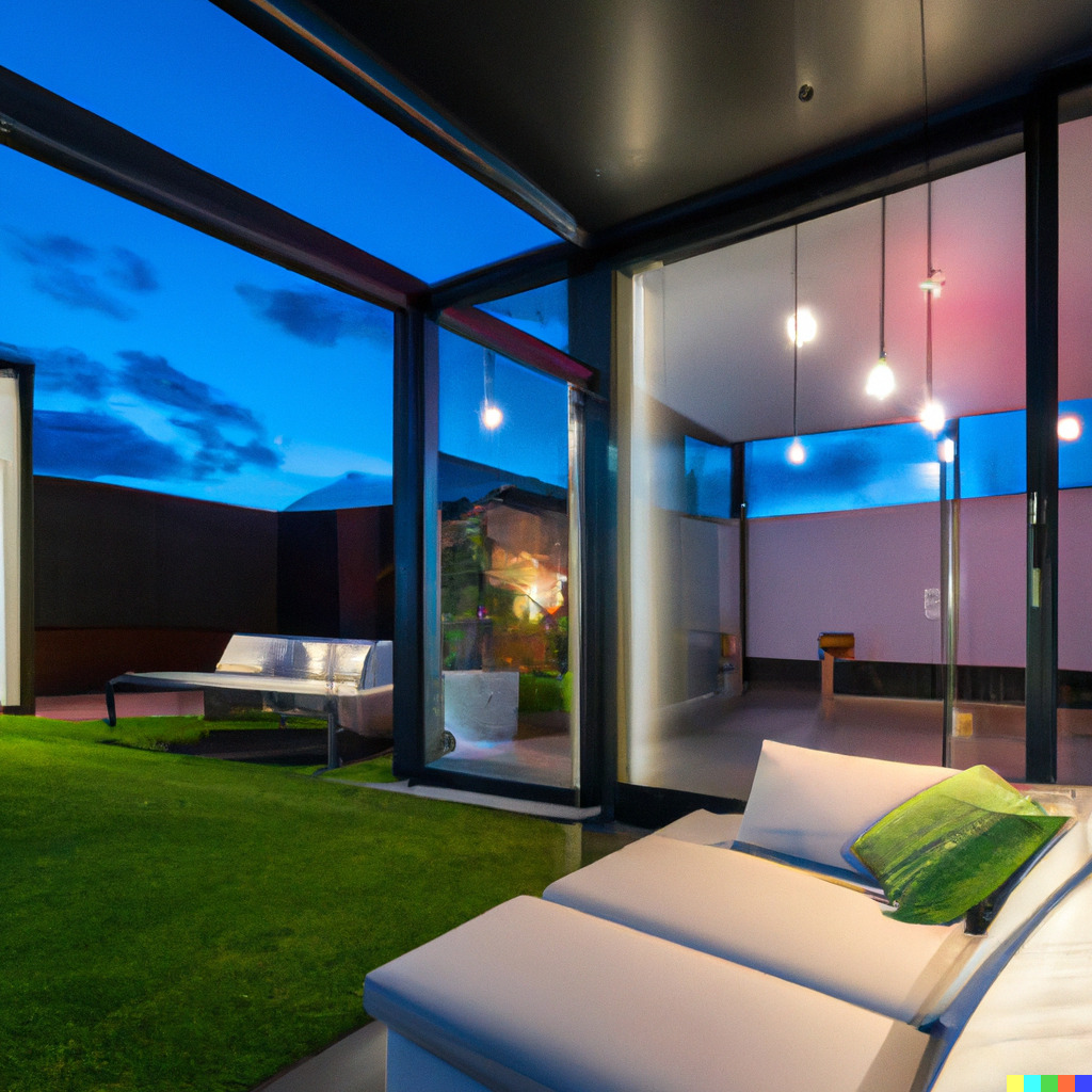 DALL·E 2023 06 07 14.13.41 A nice spacious living room with a glass wall at evening outside with advanced ambient lighting managed by smart light switches