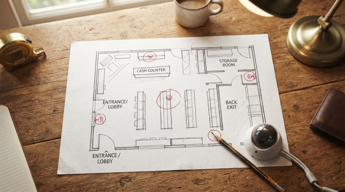 Store floor plan sketch with camera positions marked at entrances and register