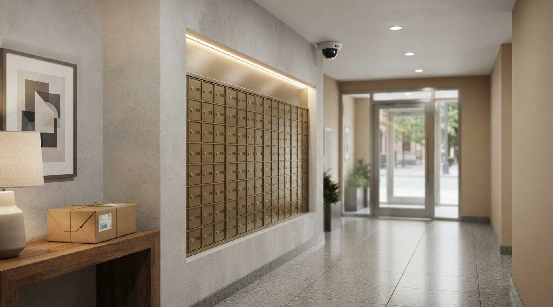 Apartment lobby with mailboxes and a ceiling security camera