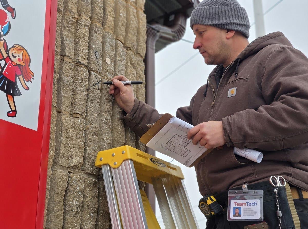 TeamTech technician planning exterior camera placement for a BSCP application in Philadelphia