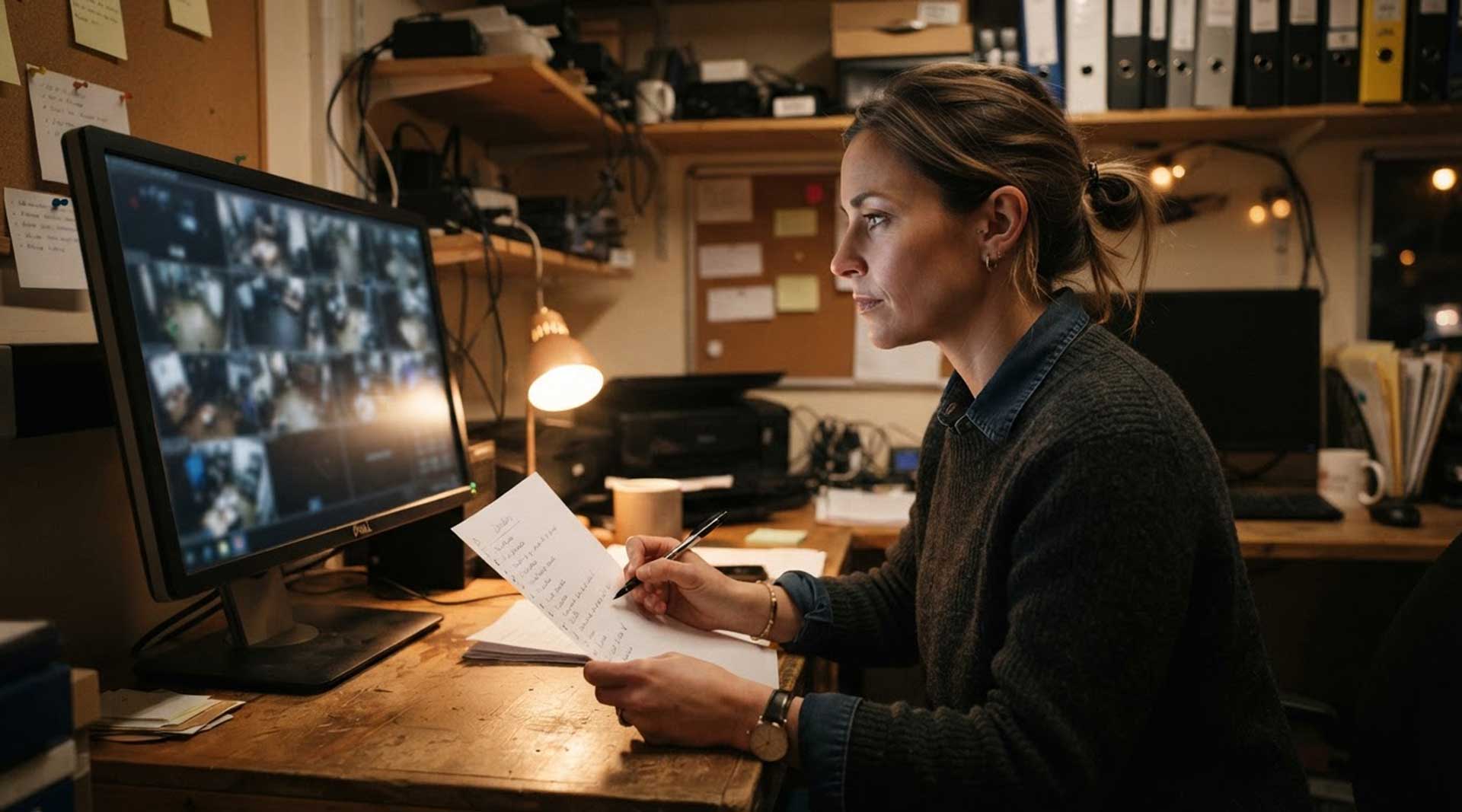 Business owner reviewing camera playback on a monitor with a checklist