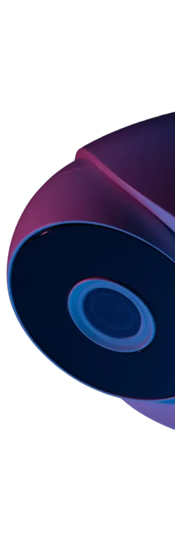 A glowing abstract shape resembling the edge of a planet or sphere, with radiant gradients of deep purple, violet, and blue on a black background.