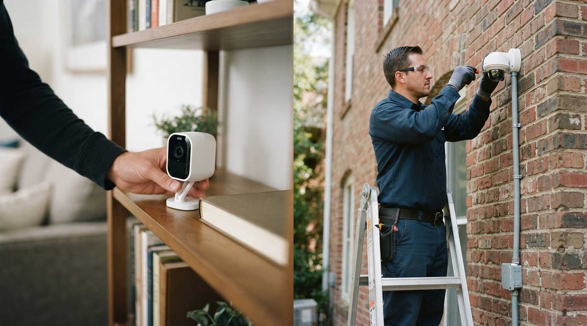 DIY Wi-Fi camera next to professionally installed wired security camera
