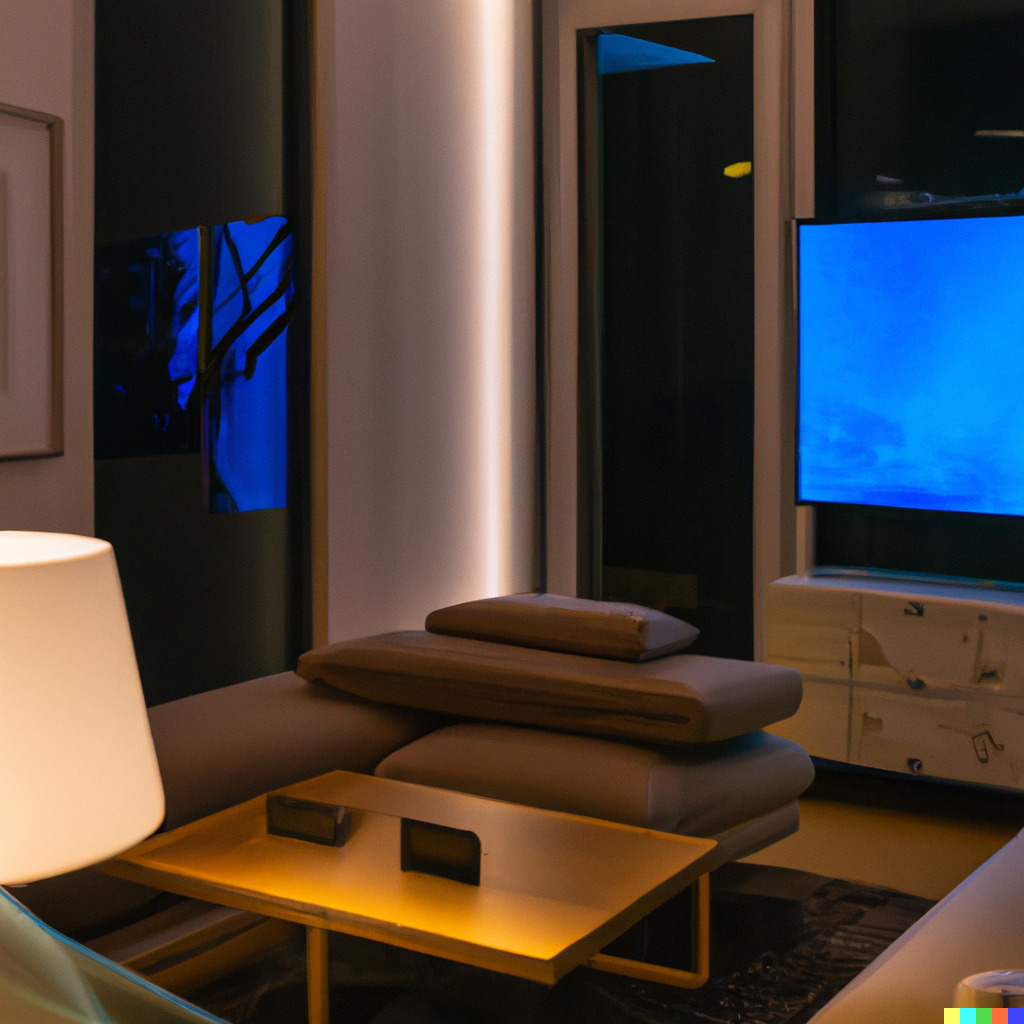 Large modern living room with smart futuristic gadgets and special comfort lighting