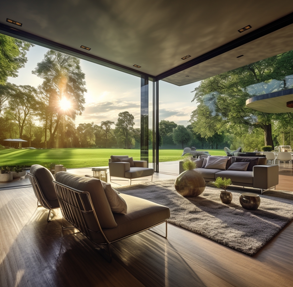 Luxurious suburb residense the whole glass wall with a view on a lawn and trees