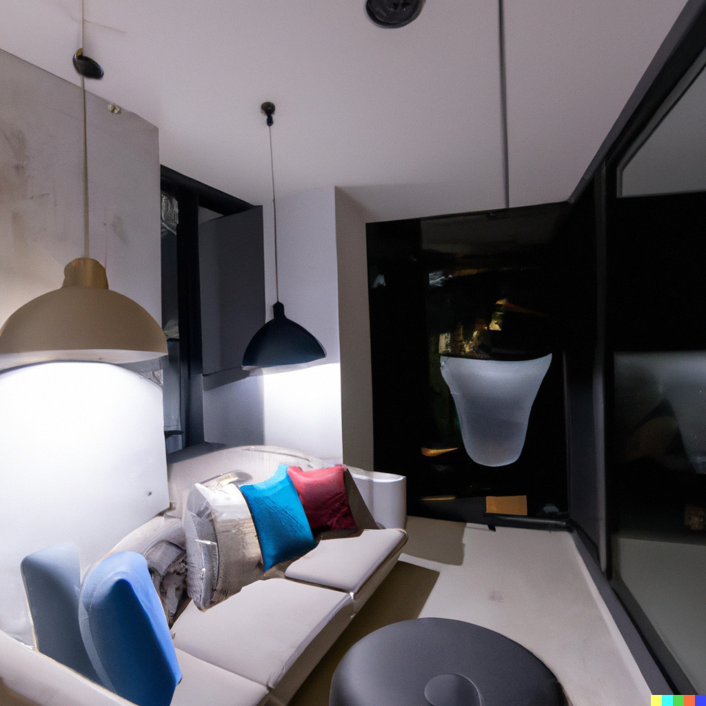 Modern living room with smart futuristic gadgets and special comfort lighting