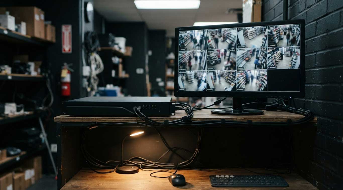 NVR recorder and monitor showing multi-camera grid in a back office