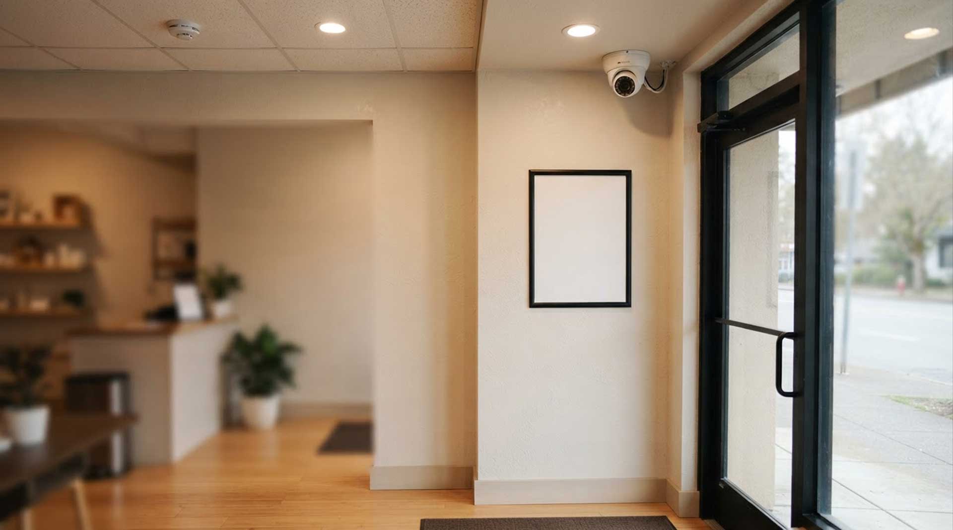 Security camera on a Pennsylvania business wall next to a surveillance notice area