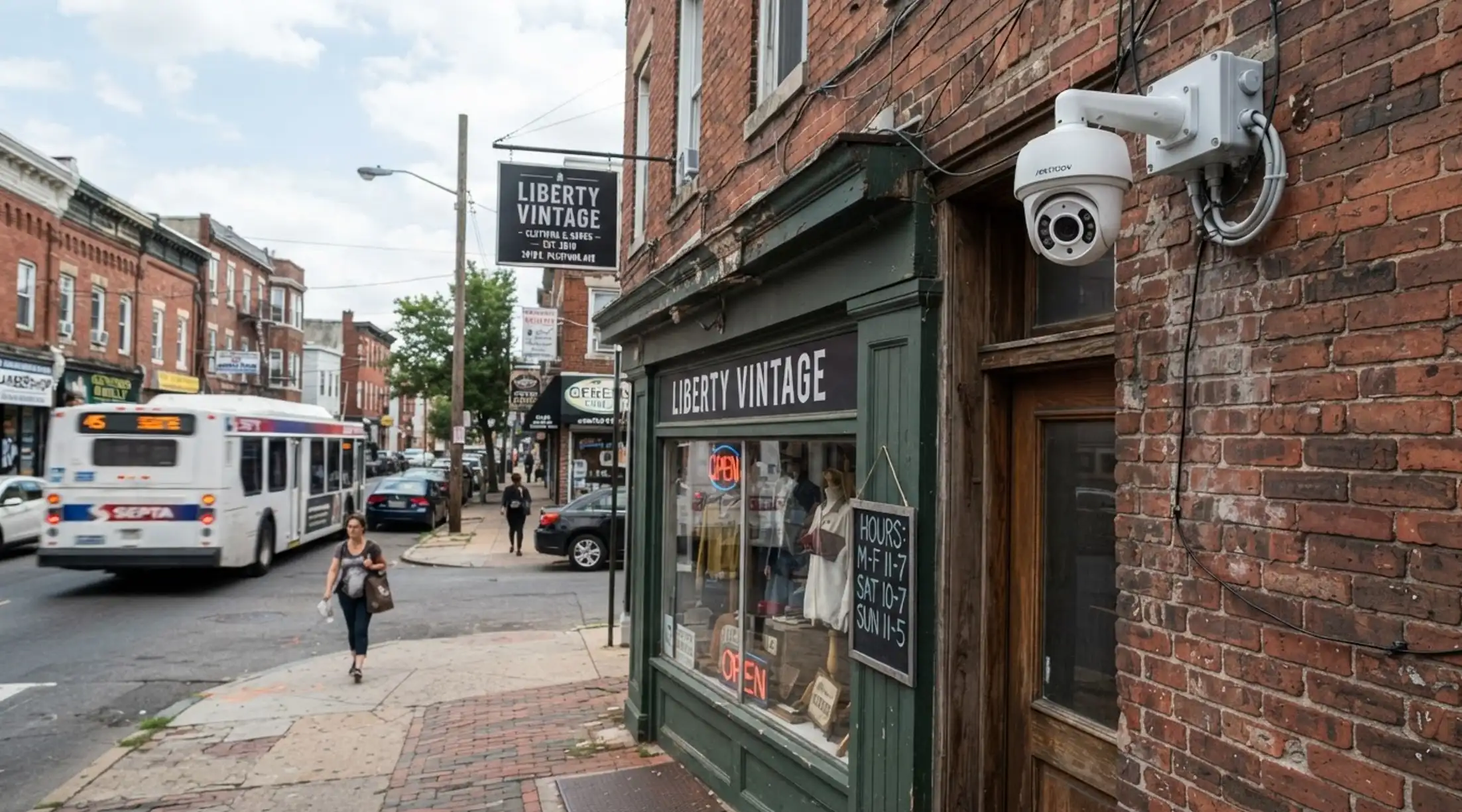 Exterior security camera on a Philadelphia storefront installed under the Business Security Camera Program