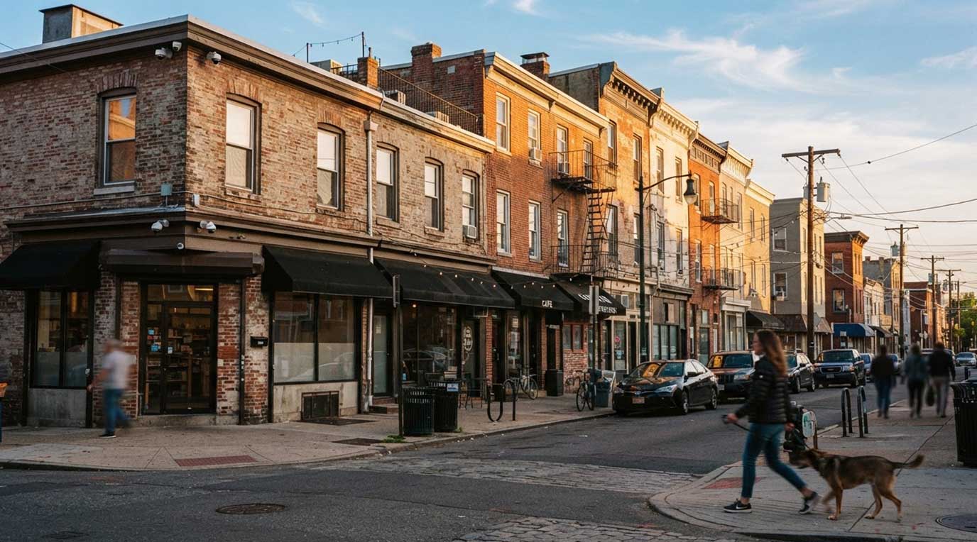 Row of Philadelphia storefronts and rowhomes with discreet security cameras