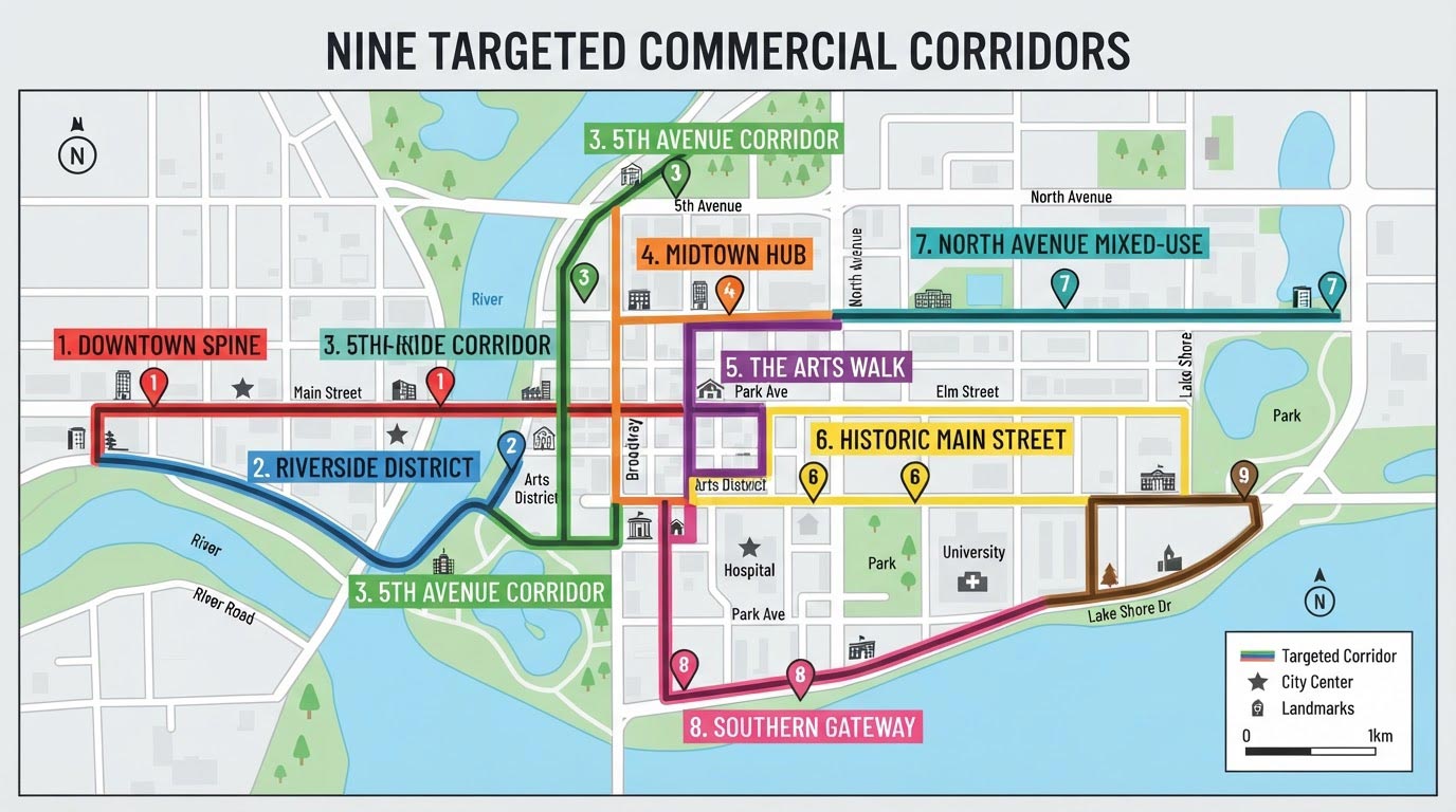 Map of Philadelphia targeted commercial corridors eligible for 100% camera reimbursement"