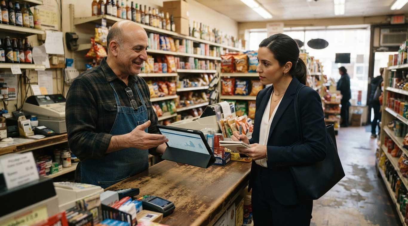 Shop owner showing recorded footage on a tablet to a visitor at the counter