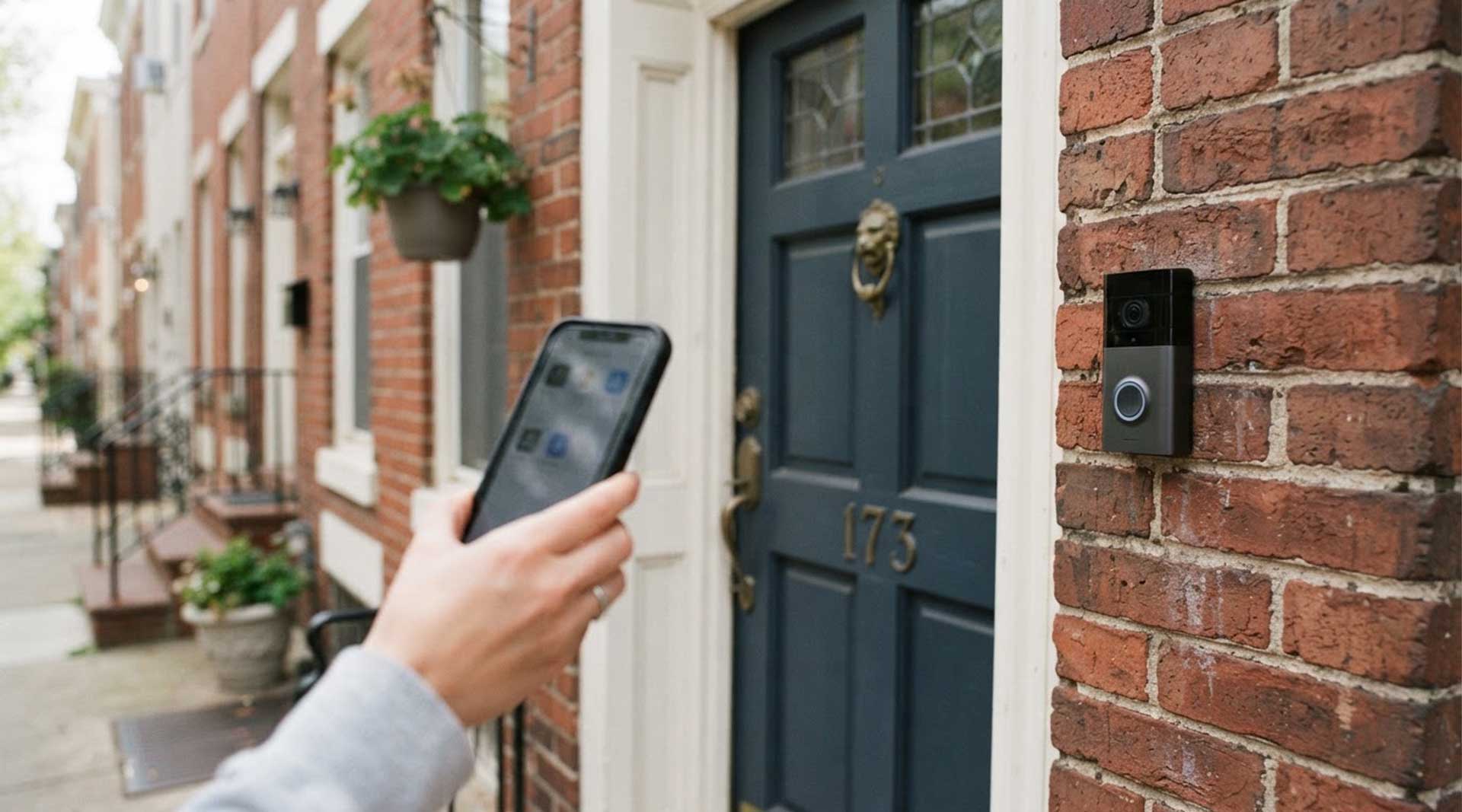 Philadelphia rowhome doorbell camera and phone used for SafeCam registration