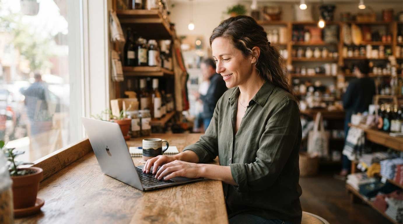 Business owner registering security cameras online from a laptop in their shop