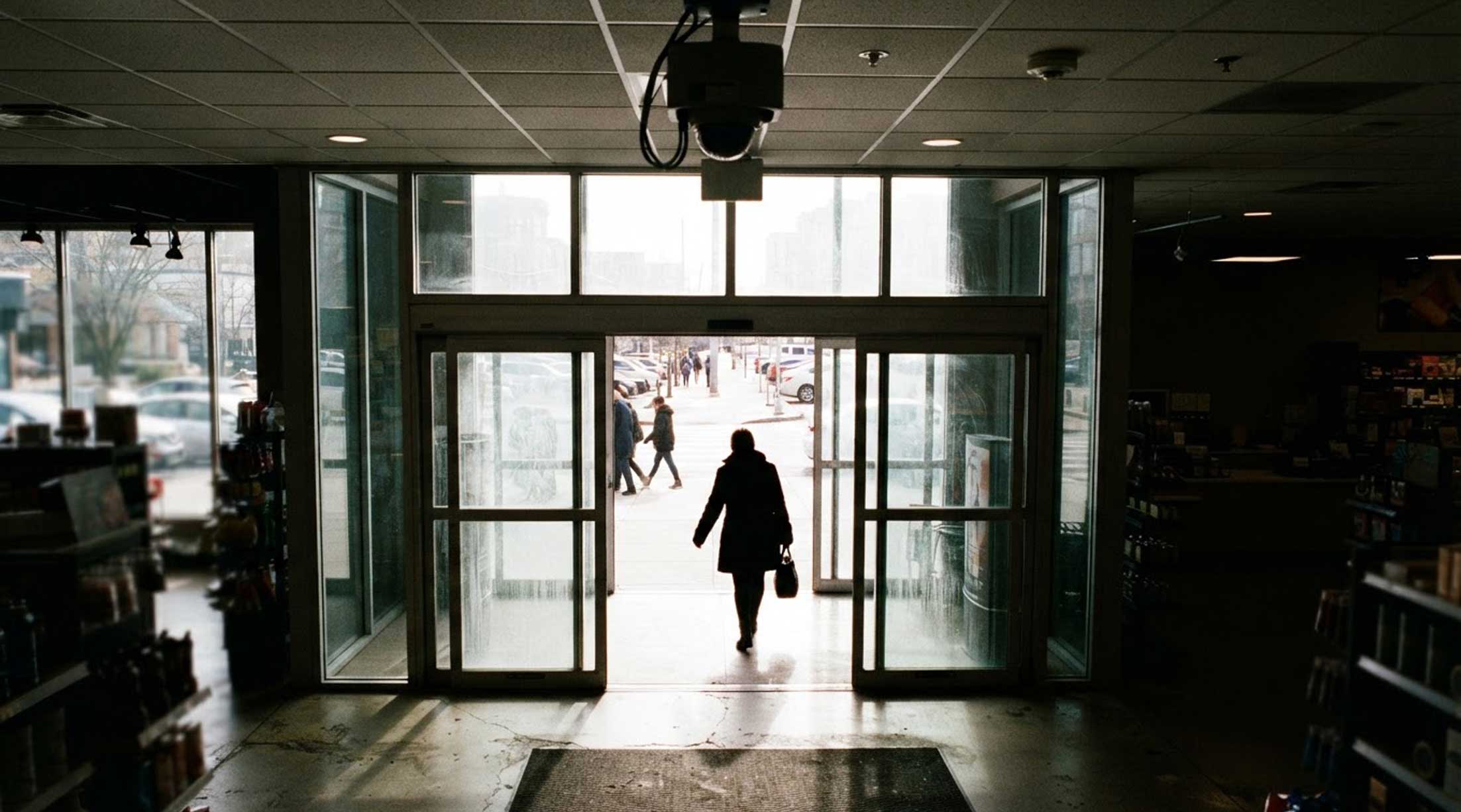 Poorly aimed security camera facing a bright backlit store entrance