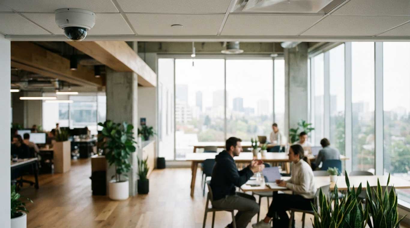 Office common area with a ceiling camera, employees working in background